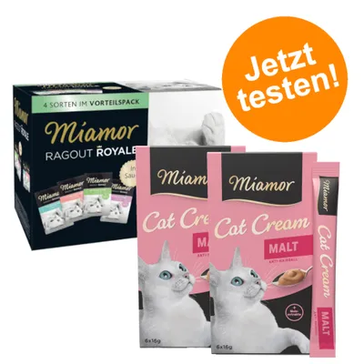 Miamor Ragout Royale Vorteilspack mit 4 Sorten und Miamor Cat Cream Malt Anti-Hairball, 6x16g. Orange Kreis: Jetzt testen!