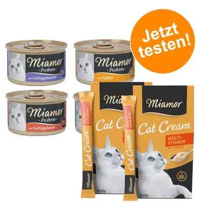 Miamor Pastete mit Geflügelherzen, Huhn und Geflügelleber. Miamor Cat Cream Multi-Vitamin mit Vitaminen, Packung mit 6x15g. Orangefarbener Kreis mit Text 'Jetzt testen!'.