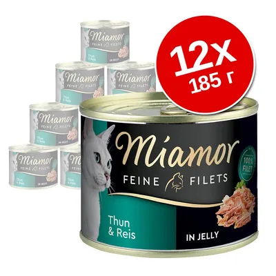 Консервы для кошек Miamor Feine Filets Thun & Reis in Jelly, 12 банок по 185 г. На упаковке изображён белый кот и кусочки филе.
