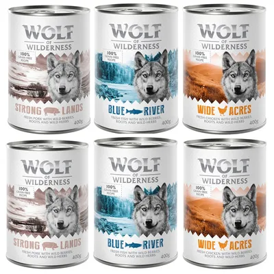Sparpaket Wolf of Wilderness Adult - Single Meat 24 x 400 g / 800 g 24 x 400 g: Mixpaket Huhn, Schwein, Fisch