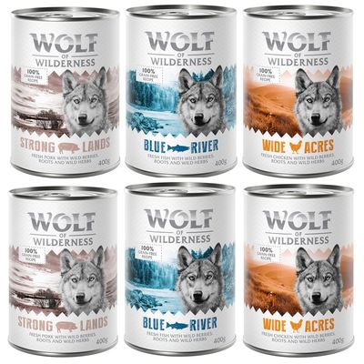 Sparpaket Wolf of Wilderness Adult 24 x 400 g Mix (12 x Huhn, 6 x Schwein, 6 x Fisch)