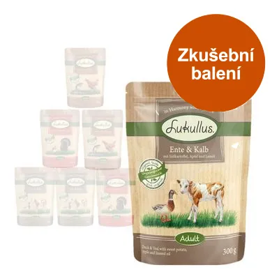 Lukullus Ente & Kalb Adult 300 g, zkušební balení. Na obalu obrázek kachny a telete, viditelný nápis 'in Harmony with Nature'. Lukullus Ente & Kalb Adult 300 g, zkušební balení. Na obalu obrázek kachny a telete, viditelný nápis 'in Harmony with Nature'.