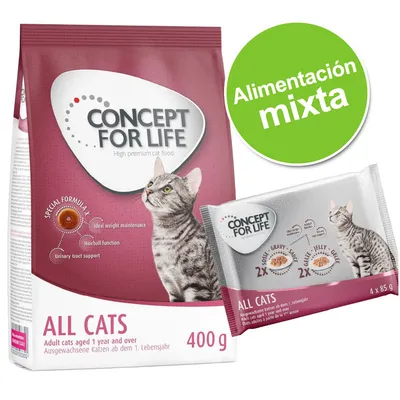Pienso y comida húmeda Concept for Life All Cats para gatos adultos, paquete de 400 g y pack de 4 x 85 g. Texto visible: 'Alimentación mixta'.