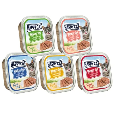 Happy Cat Minkas Duo Paté 16 x 100 g Umido per gatto - 5 gusti: 3 misti con Pollame + 2 misti con Manzo