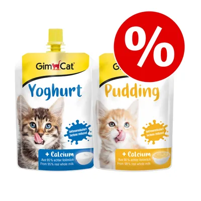 GimCat Yoghurt και Pudding, με μειωμένη λακτόζη, με ασβέστιο από πραγματικό πλήρες γάλα. Ορατό το σύμβολο ποσοστού για προσφορά.