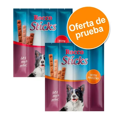 Rocco Sticks, oferta de prueba. Envase con palitos para perros, texto visible: 'Soft & easy to portion!', 'WITH POULTRY'. Imagen de un perro en el envase.