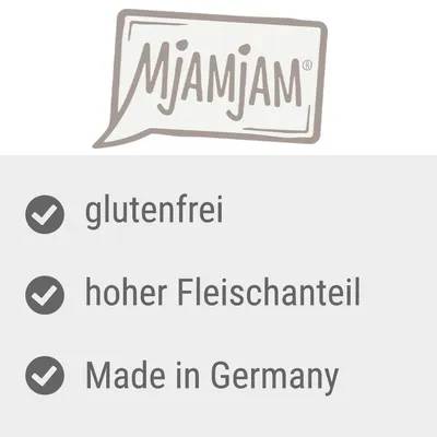 Mjamjam, glutenfrei, hoher Fleischanteil, Made in Germany (texte en allemand)