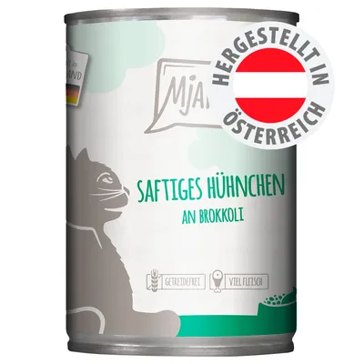 Mjamjam Saftiges Hühnchen an Brokkoli, getreidefrei, viel Fleisch. Hergestellt in Österreich. Mjamjam Saftiges Hühnchen an Brokkoli, getreidefrei, viel Fleisch. Hergestellt in Österreich.