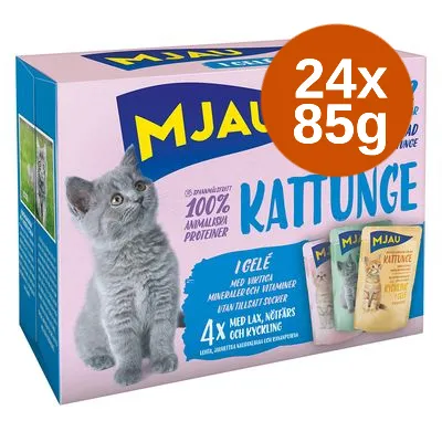 Mjau Kattunge våtfoder i gelé, 24x85g. 100 % animaliska proteiner. Fyra smaker: lax, nötfärs, kyckling. Utan tillsatt socker, med mineraler och vitaminer. Förpackning med kattbild.