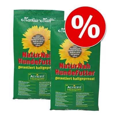 Markus Mühle NaturNah Hundefutter, garantiert kaltgepresst, mit Acticell Früchtpower. Hinweis: Auch Ihr Hund will gesund leben! Prozent-Symbol für Rabattaktion sichtbar.