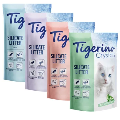 Gemengd Probeerpakket Tigerino Crystals Kattenbakvulling 6 x 5 l (Classic, Flower Power, Lavendel & Aloë Vera)