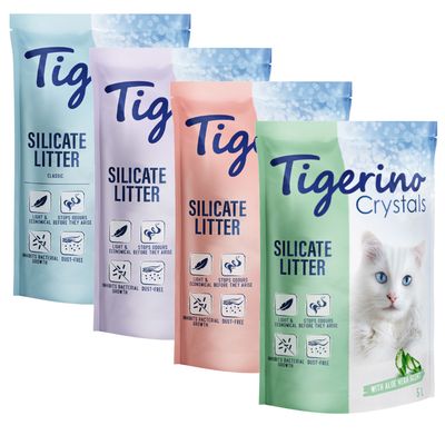 6 x 5 l Tigerino Crystals macskaalom gazdaságos csomag Mix csomag (classic, levendula, virág, aloea vera)