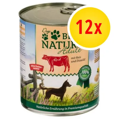 Confezione da 12 lattine di cibo per cani 'Bio Nature Adult' con manzo, riso e olio di cartamo. Testo visibile: senza zuccheri aggiunti, 100 %, naturale, Premiumqualität.