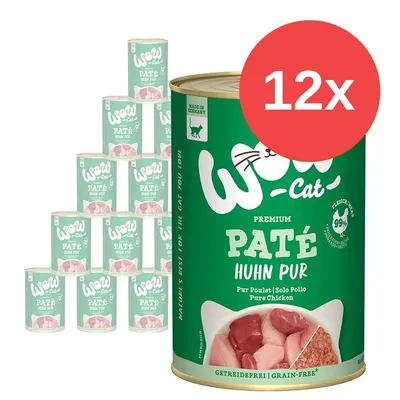 12 lattine Wow Cat Premium Paté Huhn Pur, solo pollo, senza cereali, testo visibile: Made in Germany, 99% Fleischanteil, Pure Chicken.