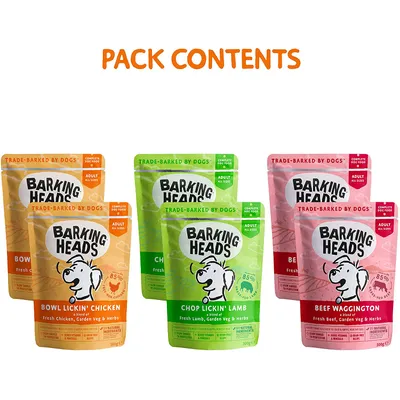 Pack contents showing Barking Heads pouches: two Bowl Lickin’ Chicken, two Chop Lickin’ Lamb, and two Beef Waggington. Each pouch is labelled as adult complete food, 300g.