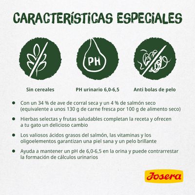 Características especiales: sin cereales, pH urinario 6,0–6,5, anti bolas de pelo. Josera. Incluye ingredientes y beneficios visibles para gatos como ave de corral, salmón y hierbas selectas.