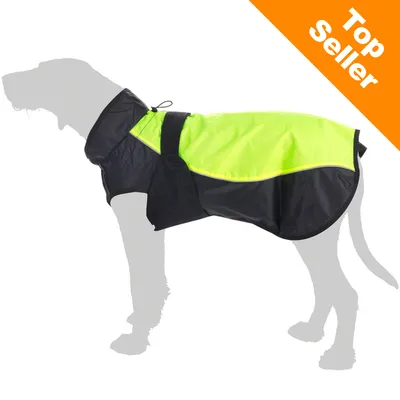 Hund iført sort og gul jakke. Synlig tekst: Top Seller.