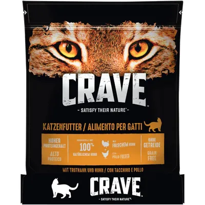 Crave alimento per gatti, alto proteico, con tacchino e pollo fresco, senza cereali. Testo visibile: 'Katzenfutter / Alimento per gatti', 'alto proteico', 'con pollo fresco', 'senza cereali'.