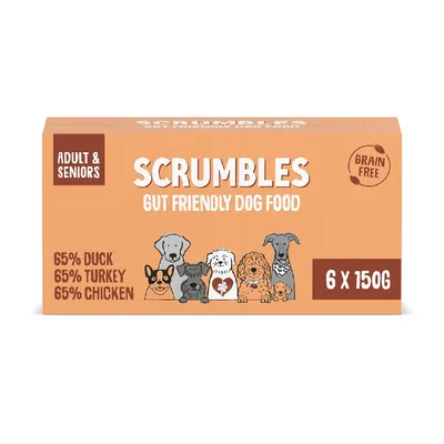 Scrumbles gut friendly dog food for adults and seniors, grain free, contains 65% duck, 65% turkey, 65% chicken, pack of 6 x 150g.