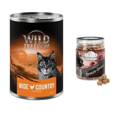 Wild Freedom Kombi-Paket: 24 x 400 g Adult Nassfutter + 3 x 45 g RAW - Sterilised: Mixpaket 3 (Huhn pur, Seelachs, Kaninchen, Ente) + Hühnerherzen