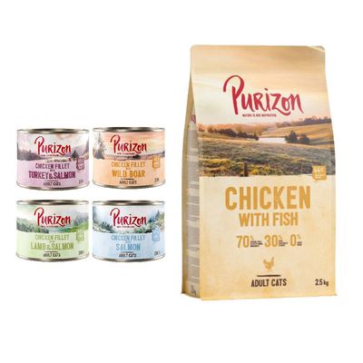Purizon Kombi-Paket: 24 x 200 g Nassfutter + 2,5 kg Trockenfutter Mix 4 Sorten + Original Huhn mit Fisch