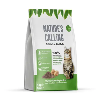 Nature's Calling cat litter from walnut shells, 4kg. Features: 3x more absorbent, low dust, planet friendly, suitable for indoor and outdoor cats, quick clumping action, 100% renewable source.