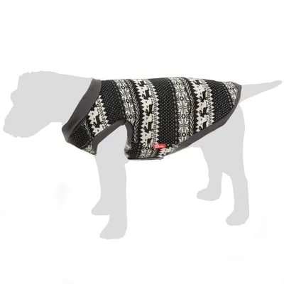 Knitted pet jumper with black and white patterned design, shown worn on a grey silhouette of an animal to demonstrate fit and coverage.