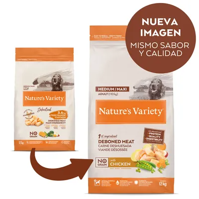 Pienso para perros Nature's Variety Medium/Maxi Adult (+10 kg), 12 kg, con pollo como primer ingrediente, sin cereales. Texto: 'Nueva imagen, mismo sabor y calidad'.