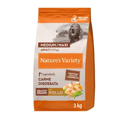 Nature's Variety Medium/Maxi Adult (+10 kg) con pollo, 1° ingrediente carne disossata, healthy grains, proteina qualità digeribilità, confezione da 3 kg, imballaggio riciclabile.