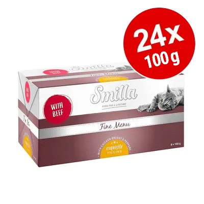 Smilla Fine Menu kattmat, with beef, 24 x 100 g. Bild på förpackning med liggande katt och synlig text: 'exquisite filling', 'with chicken breast sprinkles'.