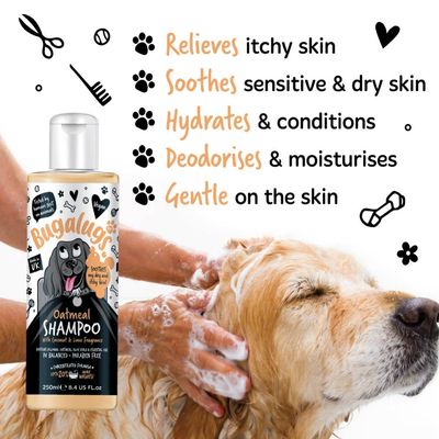 Oatmeal shampoo being applied, with benefits listed: relieves itchy skin, soothes sensitive and dry skin, hydrates and conditions, deodorises and moisturises, gentle on the skin.
