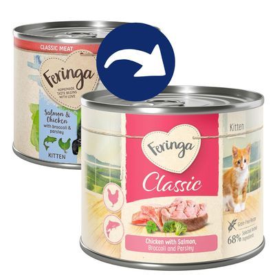 Deux boîtes Feringa Classic Kitten. Texte visible : 'Chicken with Salmon, Broccoli and Parsley', '68% selected meat ingredients', image de chaton, poulet et saumon sur l’étiquette.