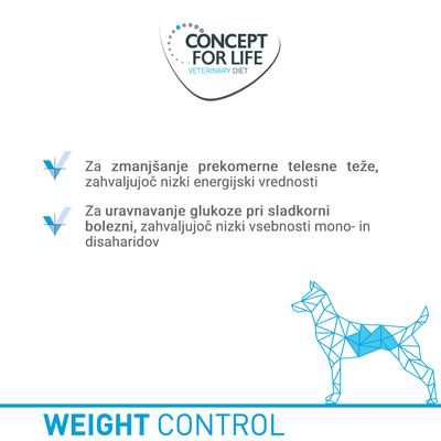CONCEPT FOR LIFE VETERINARY DIET. Za zmanjšanje prekomerne telesne teže, za uravnavanje glukoze pri sladkorni bolezni. WEIGHT CONTROL.