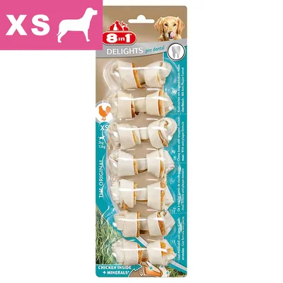 Confezione di ossi masticabili 8in1 Delights pro dental XS, pollo e minerali, per cani 2–12 kg. Testo visibile: 'CHICKEN INSIDE + MINERALS', 'THE ORIGINAL', immagine cane in alto.