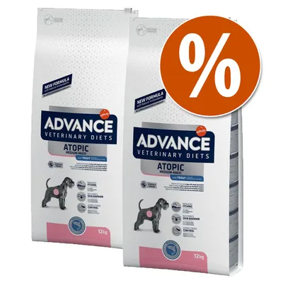 2 sacos de Advance Veterinary Diets Atopic Medium-Maxi with Trout, 12 kg cada uno, con icono de porcentaje de oferta visible en la esquina superior derecha.