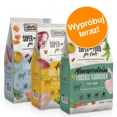 MAC's Super Food for Cats, trzy opakowania karmy suchej dla kotów o różnych smakach. Widoczny napis na pomarańczowym kole: Wypróbuj teraz! MAC's Super Food for Cats, trzy opakowania karmy suchej dla kotów o różnych smakach. Widoczny napis na pomarańczowym kole: Wypróbuj teraz!