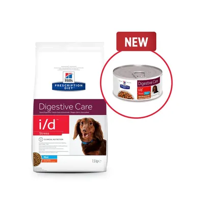 Hill's Prescription Diet Digestive Care i/d Stress Mini tør- og vådfoder til hund, 1,5 kg pose og dåse. Synlig tekst: NEW.