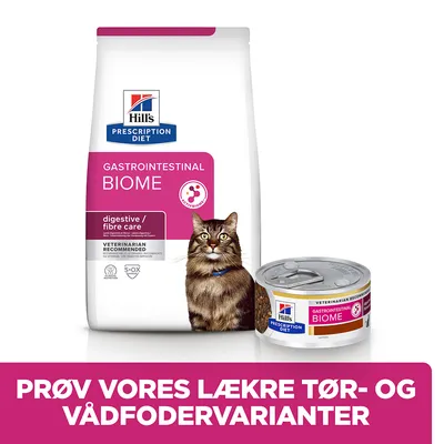 Hill's Prescription Diet Gastrointestinal Biome kattefoder, tør- og vådfoder. Tekst: Prøv vores lækre tør- og vådfodervarianter.