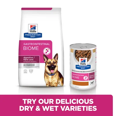 Hill's Prescription Diet Gastrointestinal Biome suha i mokra hrana za pse, digestive/fibre care. Tekst na engleskom: TRY OUR DELICIOUS DRY & WET VARIETIES.