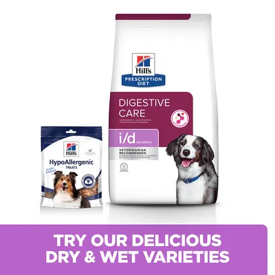 Hill's Prescription Diet Digestive Care i/d sensitive suha hrana za pse i Hill's HypoAllergenic poslastice za pse. Tekst na engleskom: TRY OUR DELICIOUS DRY & WET VARIETIES.