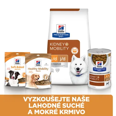 Hill's Prescription Diet Kidney + Mobility k/d j/d – balenie suchého a mokrého krmiva, Soft-Baked Biscuits, Healthy Mobility Treats. Text: Vyskúšajte naše lahodné suché a mokré krmivo.