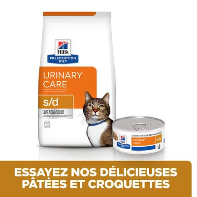 Hill's Prescription Diet Urinary Care s/d pour chat, paquet de croquettes et boîte de pâtée visibles. Texte : Essayez nos délicieuses pâtées et croquettes.