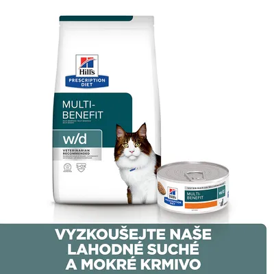 Hill's Prescription Diet Multi-Benefit w/d suché a mokré krmivo pro kočky, nápis: VYZKOUŠEJTE NAŠE LAHODNÉ SUCHÉ A MOKRÉ KRMIVO