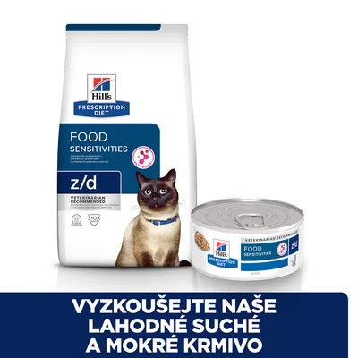 Hill's Prescription Diet Food Sensitivities z/d pro kočky, balení suchého a mokrého krmiva. Text: VYZKOUŠEJTE NAŠE LAHODNÉ SUCHÉ A MOKRÉ KRMIVO.