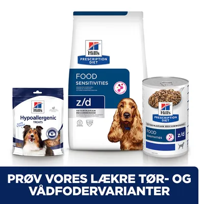 Hill's Prescription Diet FOOD SENSITIVITIES z/d tørfoder og vådfoder samt Hill's Hypoallergenic Treats. Tekst: PRØV VORES LÆKRE TØR- OG VÅDFODERVARIANTER.