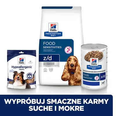 Hill's Prescription Diet Food Sensitivities z/d: worek suchej karmy, puszka mokrej karmy oraz przysmak Hypoallergenic Treats. Napis: Wypróbuj smaczne karmy suche i mokre.