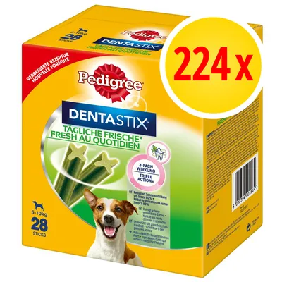 Caja Pedigree Dentastix Fresh, 224x, para perros de 5–10 kg, contiene 28 sticks. Texto visible: triple acción, reducción de sarro hasta un 80 %. Caja Pedigree Dentastix Fresh, 224x, para perros de 5–10 kg, contiene 28 sticks. Texto visible: triple acción, reducción de sarro hasta un 80 %.