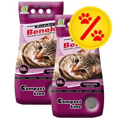 Super Benek Compact Line kattsand lavendel, 2 påsar à 10 liter, rabattmärke med tassavtryck synligt. Text: Cat Litter, lawenda lavender, Eco Friendly.