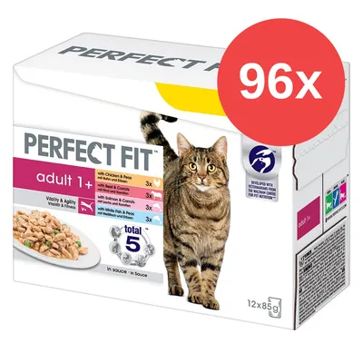 Caja de comida húmeda para gatos Perfect Fit adult 1+, 96 sobres de 85 g. Variedades: pollo y guisantes, ternera y zanahorias, salmón y zanahorias, pescado blanco y guisantes.