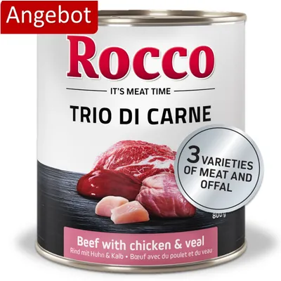 Rocco Trio di Carne. Angebot: Rind mit Huhn & Kalb, 3 Sorten Fleisch und Innereien, 800g Dose.